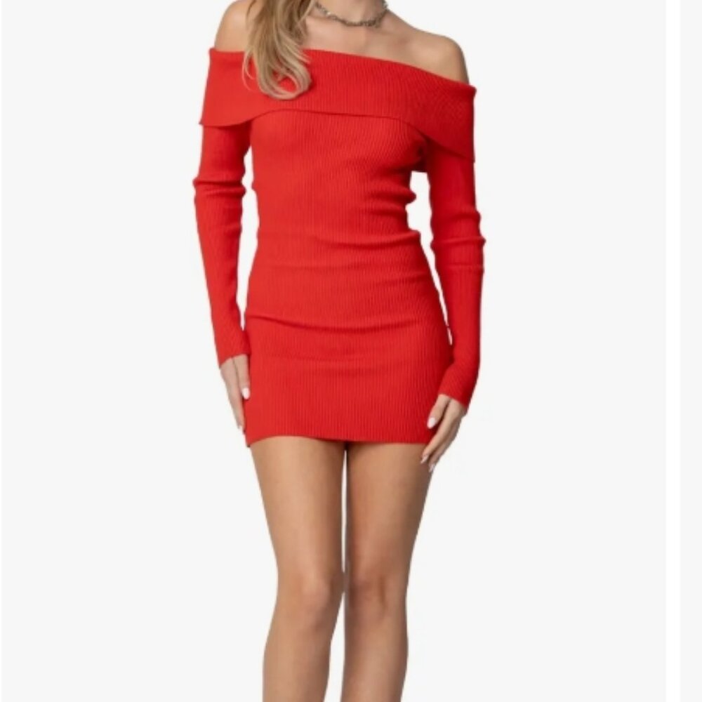 Red/Orange Off-the-Shoulder Ribbed Knit Bodycon Dress